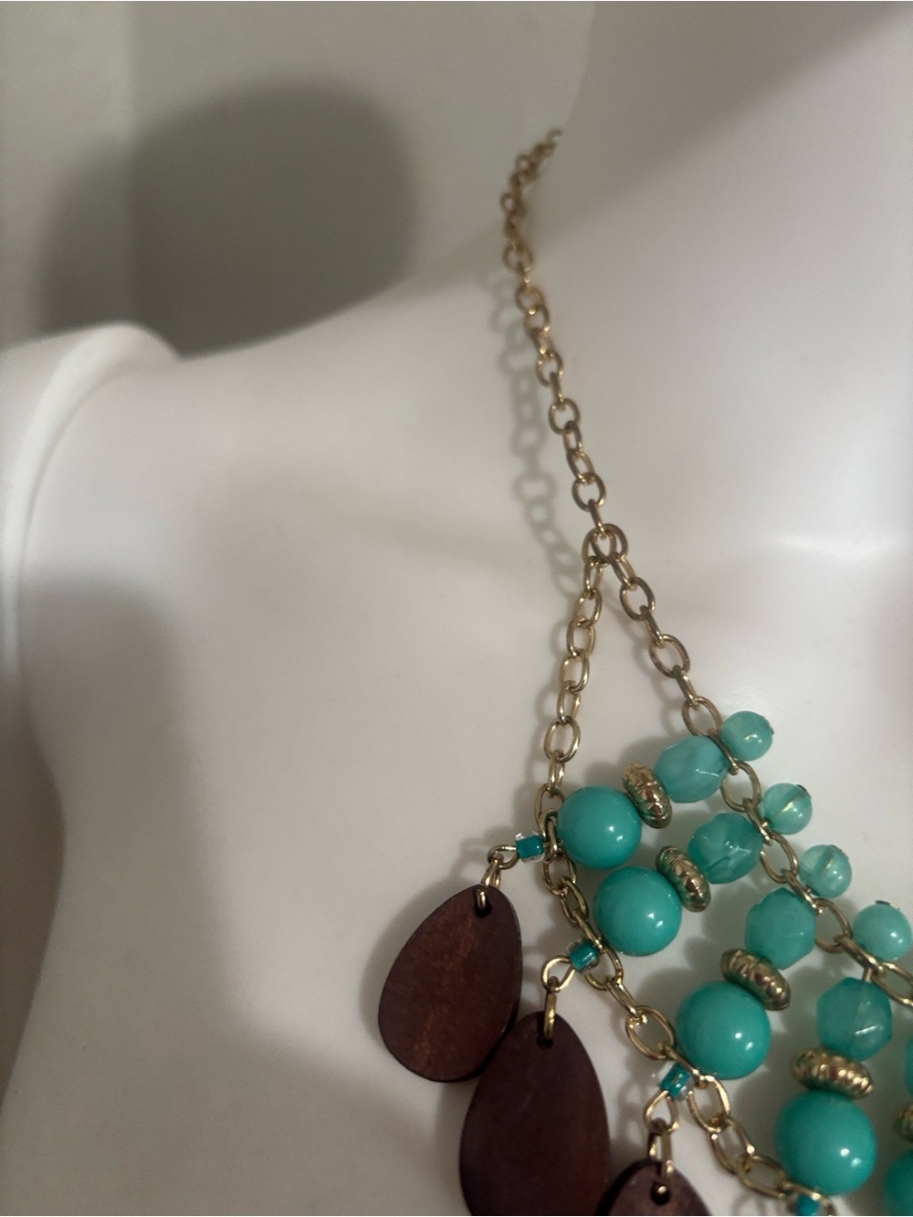 Turquoise Bead and Brown Wood Teardrop Bib Necklace - Picture 4 of 7